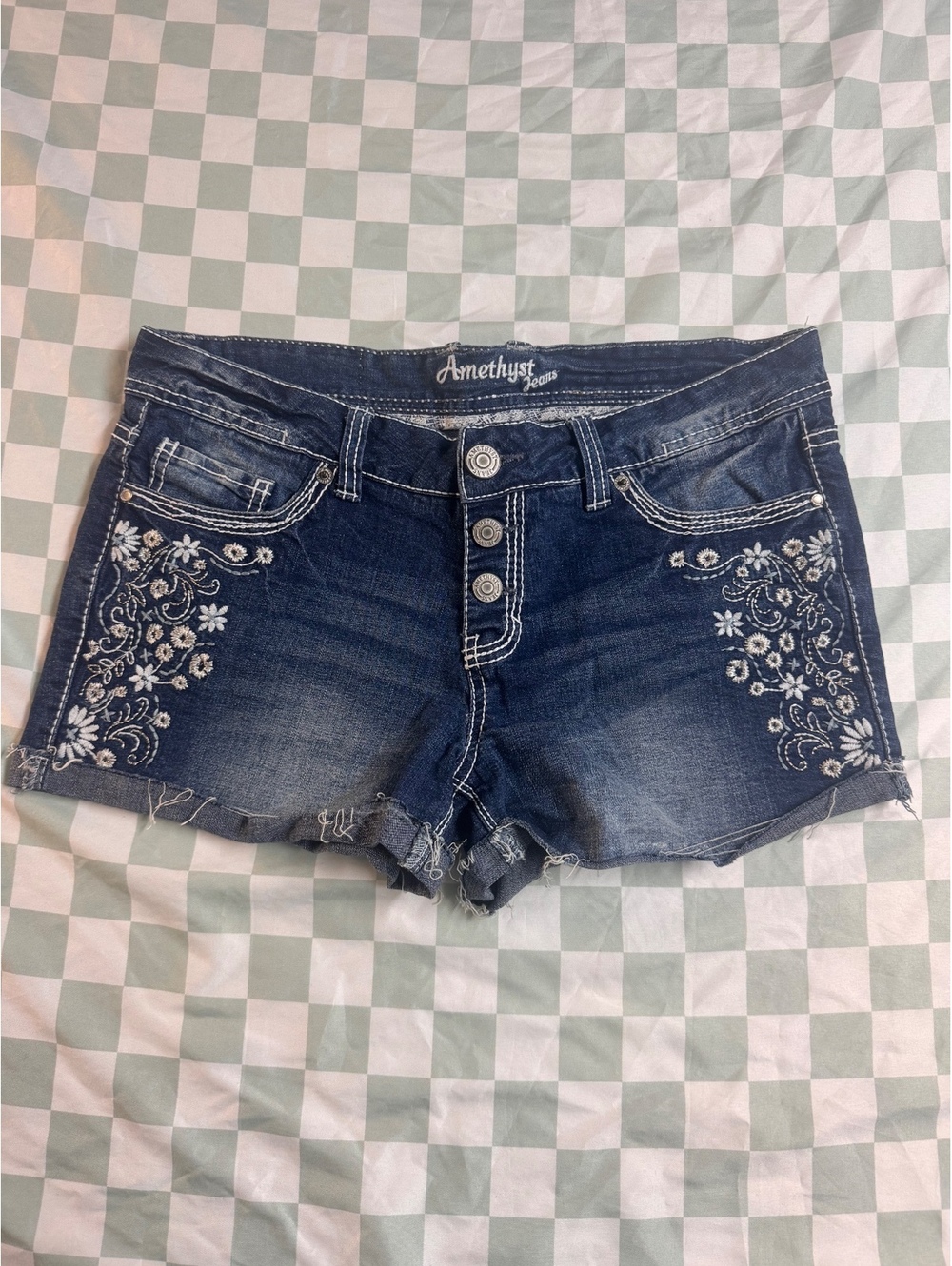 Amethyst Jeans Dark Blue Denim Shorts with White Floral Embroidery